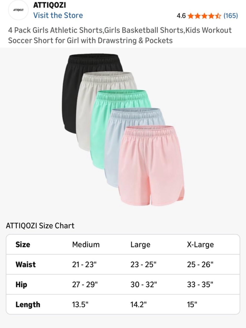 ATTIQOZI Girls XL Athletic Shorts - Pack of 5.  Black, Gray, Mint, Blue, Pink
